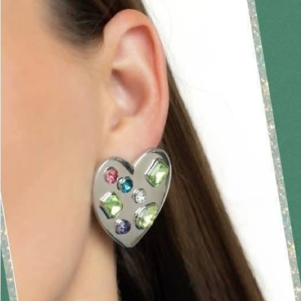 Paparazzi Silver Heart Earrings with Multicolor Gems